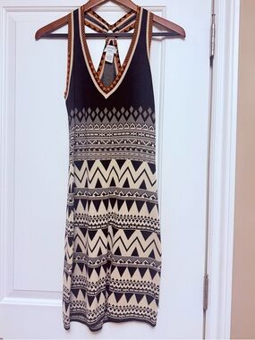 Carmen Marc Valvo Black and Cream Tribal Midi Dress with Strappy Back